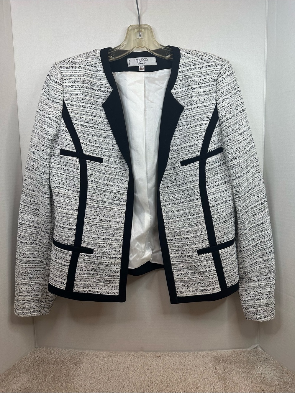 Kasper Black & White Tweed Open-Front Blazer, 8P, Vintage Business Casual